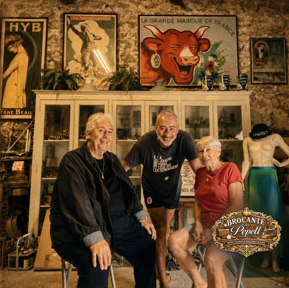 Yann et ses parents dans la brocante, devant la vitrine d'atelier